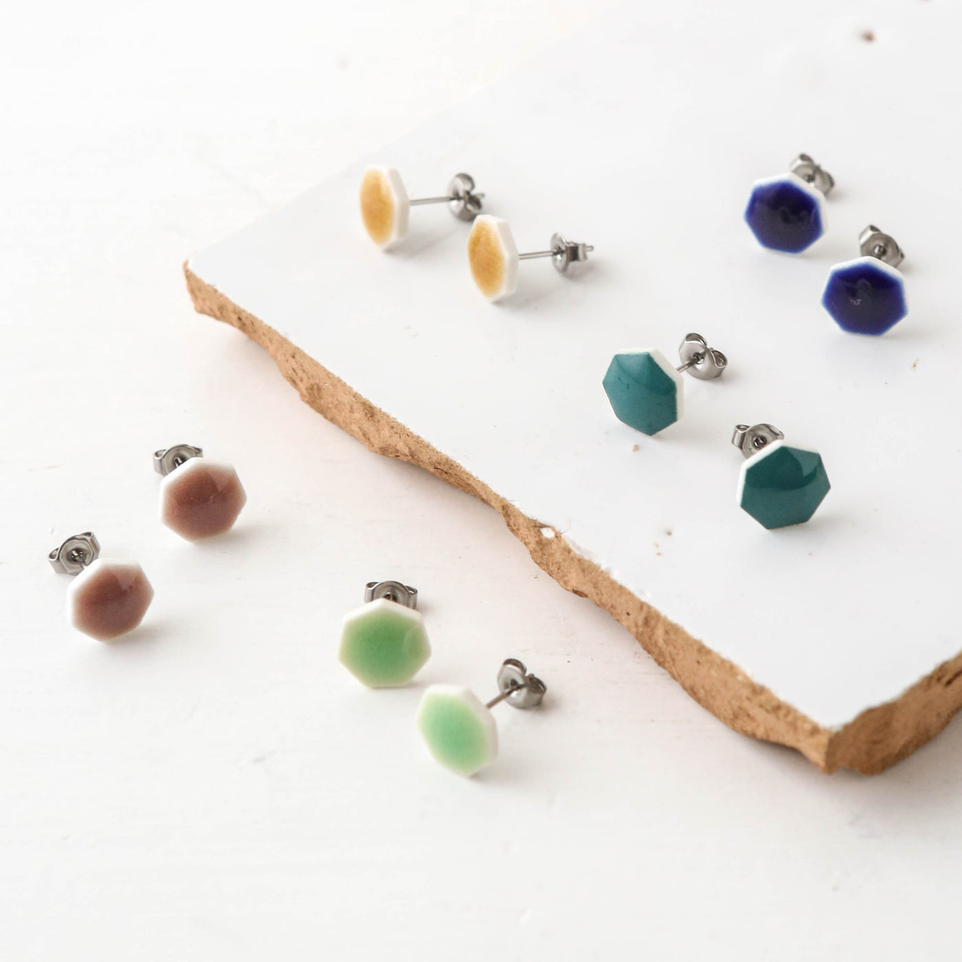 Glazed Heptagon Tile Stud Earrings - Peacock