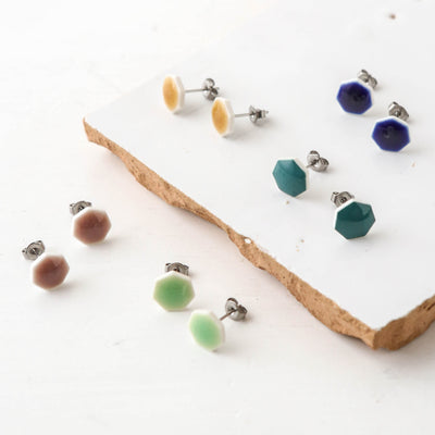 Glazed Heptagon Tile Stud Earrings - Peacock