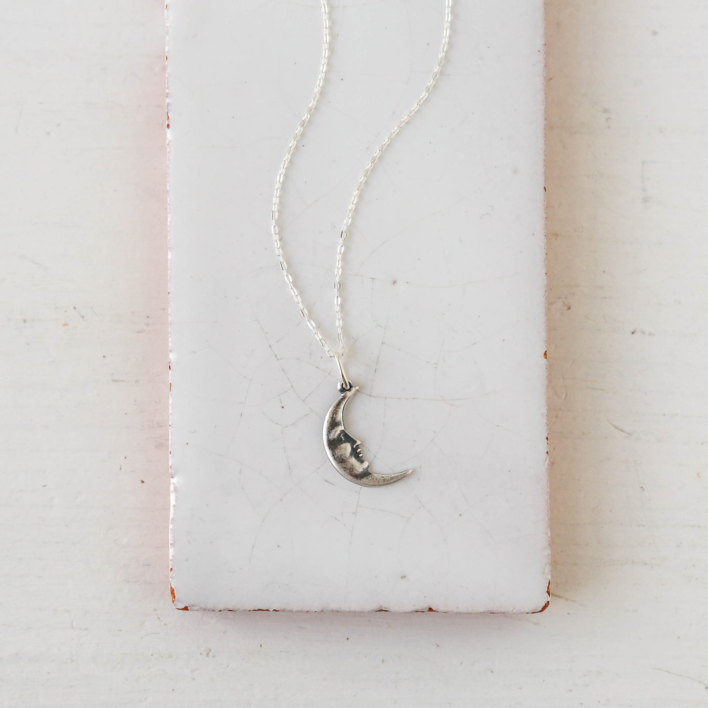 Tiny Man in the Moon Charm Necklace - Silver