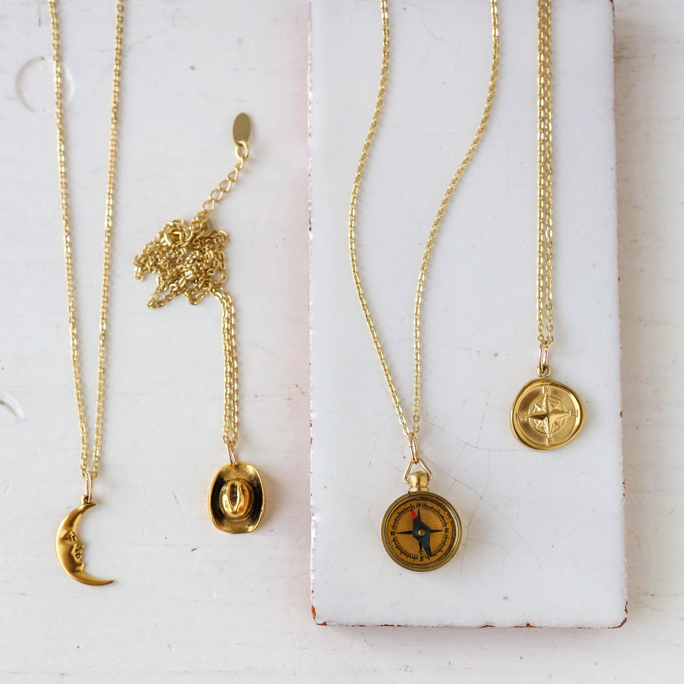 Tiny Brass Compass Charm Necklace - Gold