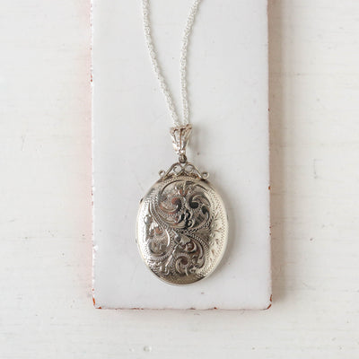 Extra Large Vintage Silver Locket - Oval Swirl Number 3