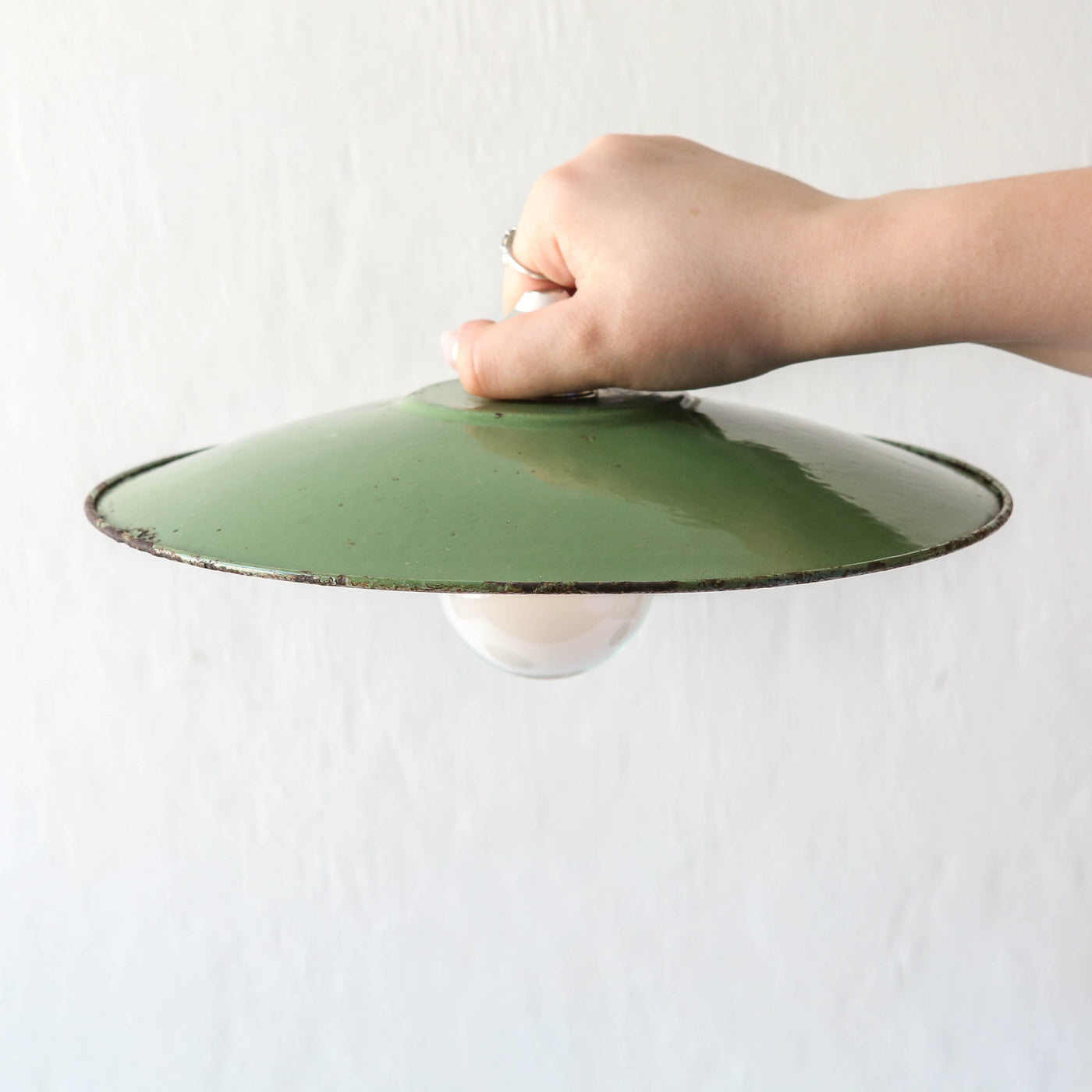 Vintage Enamel Industrial Factory Lampshade - Green