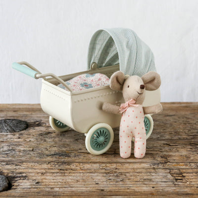 Maileg Pram with Baby Mouse - Mint