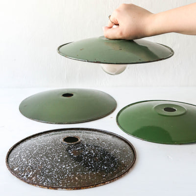 Vintage Enamel Industrial Factory Lampshade - Green