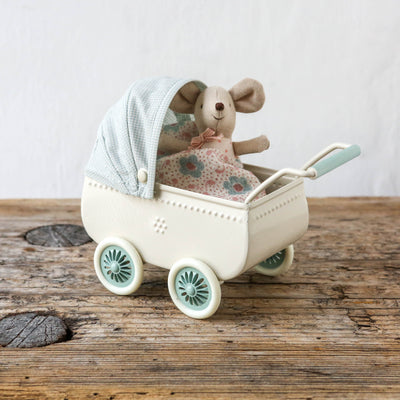 Maileg Pram with Baby Mouse - Mint