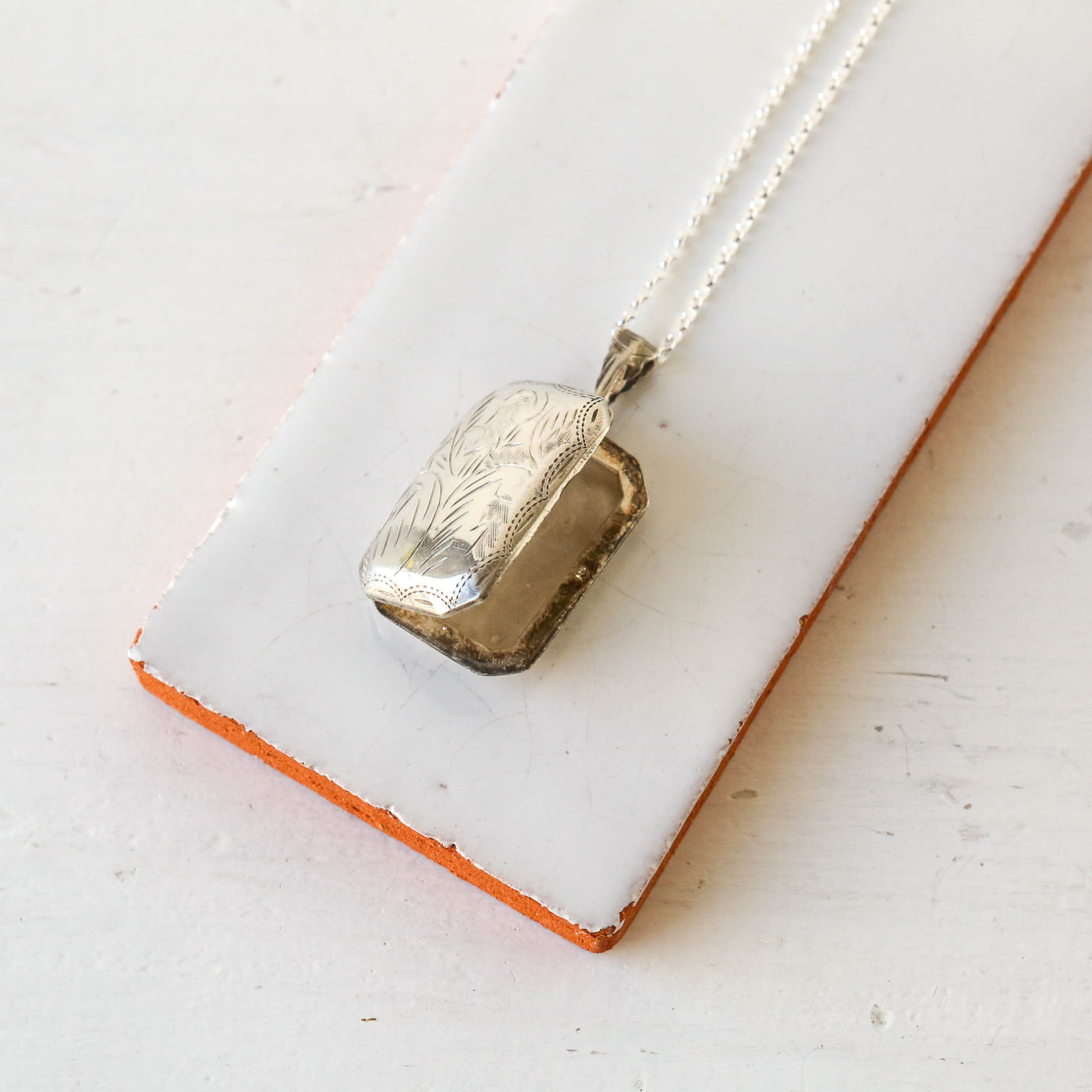 Large Vintage Silver Locket - Rectangular Swirl