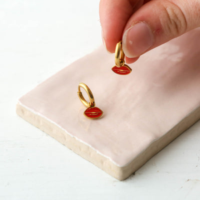 Enamel Charm Hoop Earrings - Red Lips