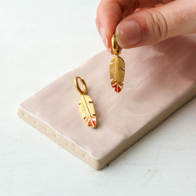 Enamel Charm Hoop Earrings - Feather