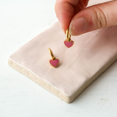 Enamel Charm Hoop Earrings - Pink Heart