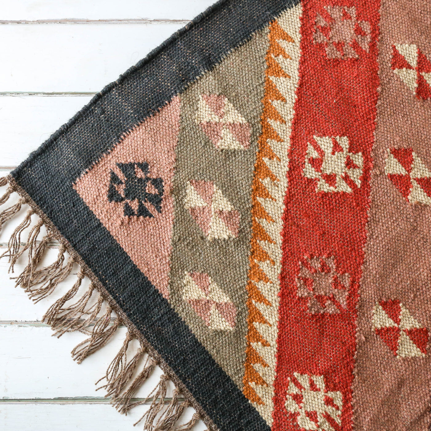 Navy, Pink and Mustard Kelim Woven Rug - 120 x 180cm