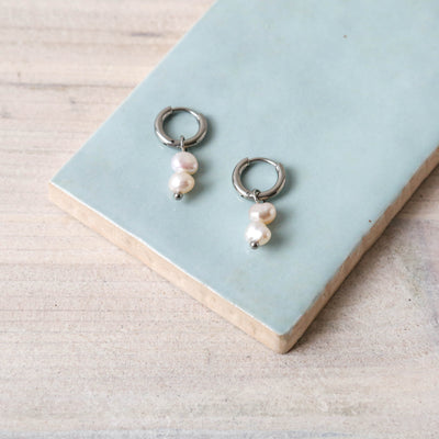 Freshwater Pearl Duo Hoop Earrings - Silver