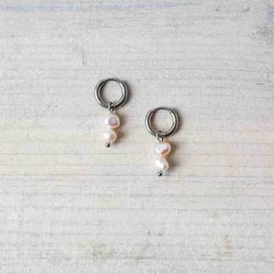 Freshwater Pearl Duo Hoop Earrings - Silver
