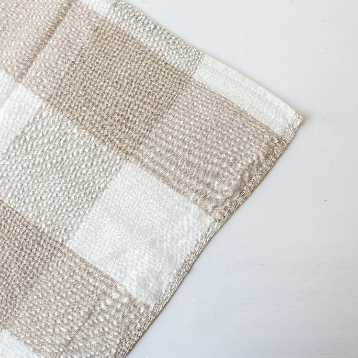 Washed Linen Cotton Bold Check Tea Towel - Natural
