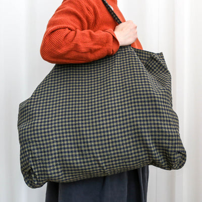 Washed Linen Cotton Sloppy Shoulder Bag - Ink Gingham