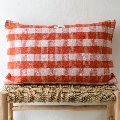 Oblong Cotton Check Cushion Cover - Rose & Terracotta
