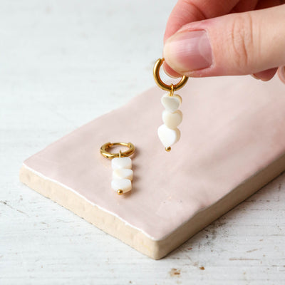Natural Stone Cream Heart Hoop Earrings - Gold
