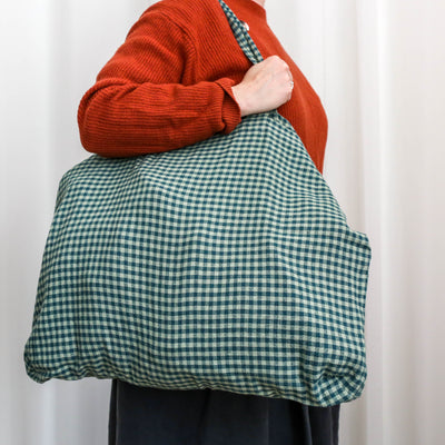Washed Linen Cotton Sloppy Shoulder Bag - Prussian Blue Gingham