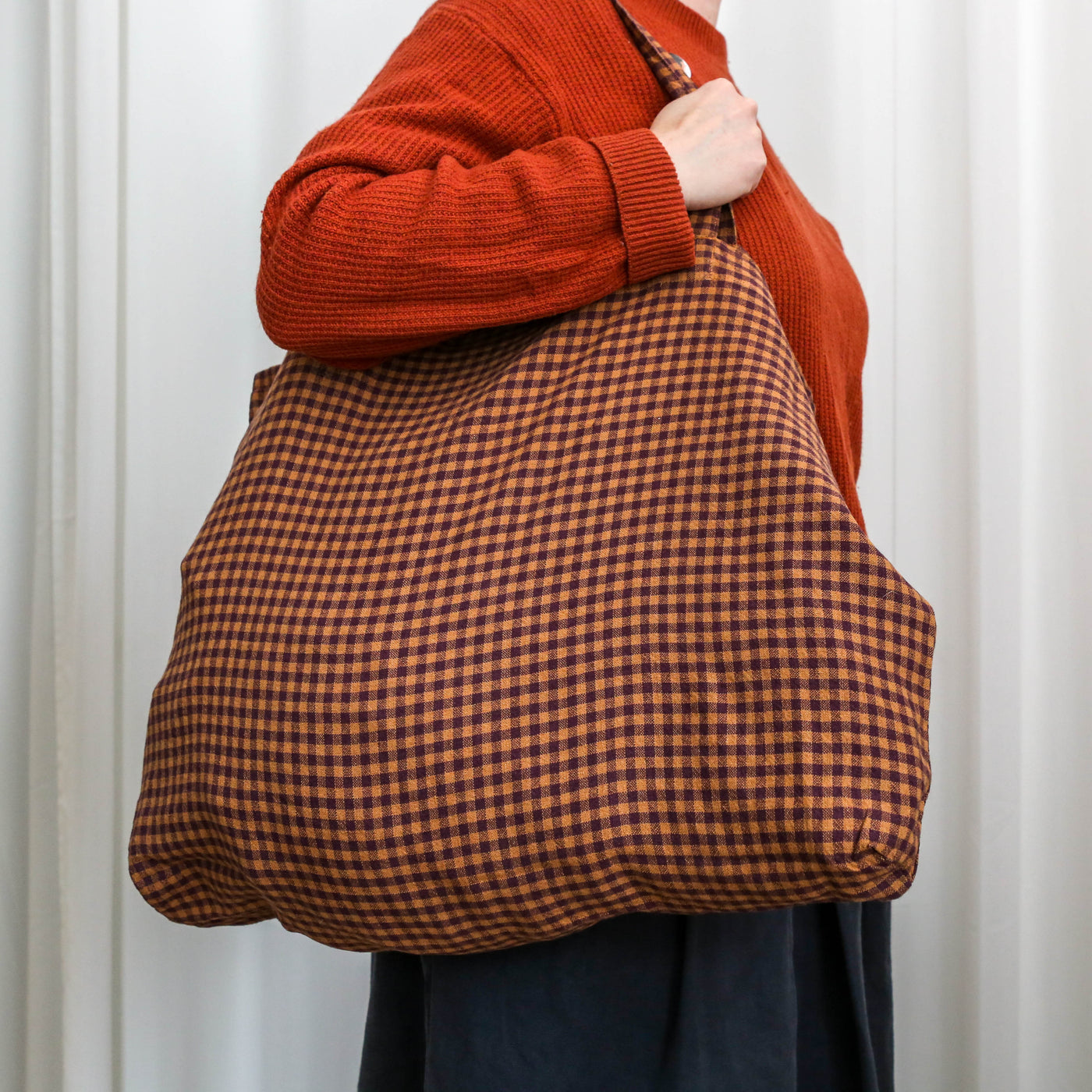 Washed Linen Cotton Sloppy Shoulder Bag - Fig Gingham