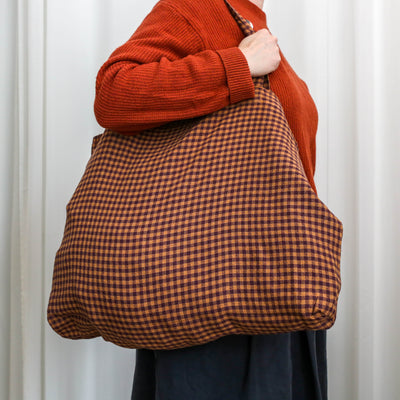 Washed Linen Cotton Sloppy Shoulder Bag - Fig Gingham