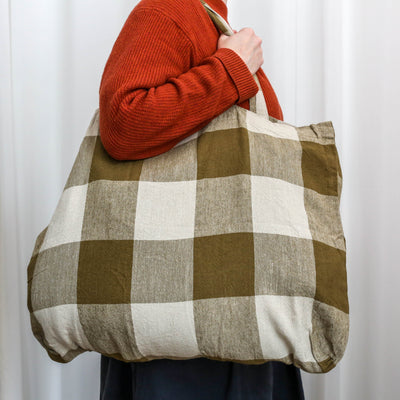 Washed Linen Cotton Sloppy Shoulder Bag - Bold Gold Check