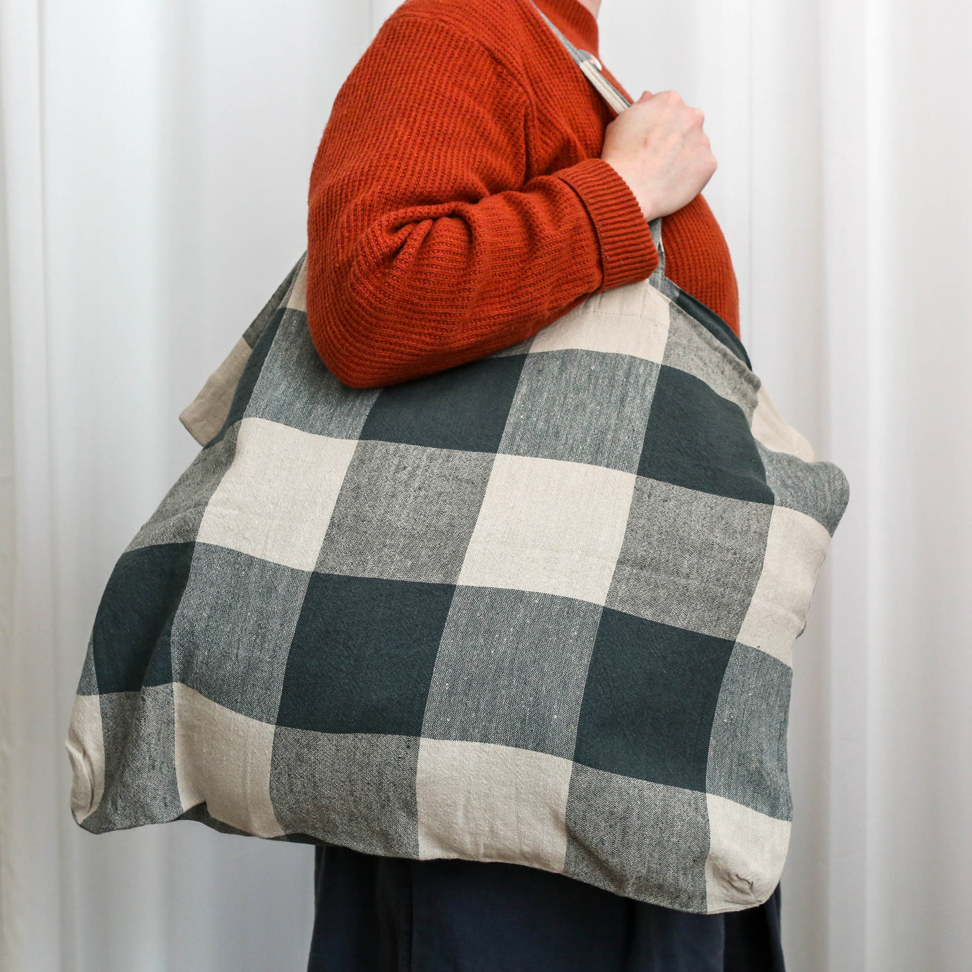 Washed Linen Cotton Sloppy Shoulder Bag - Bold Pigeon Check