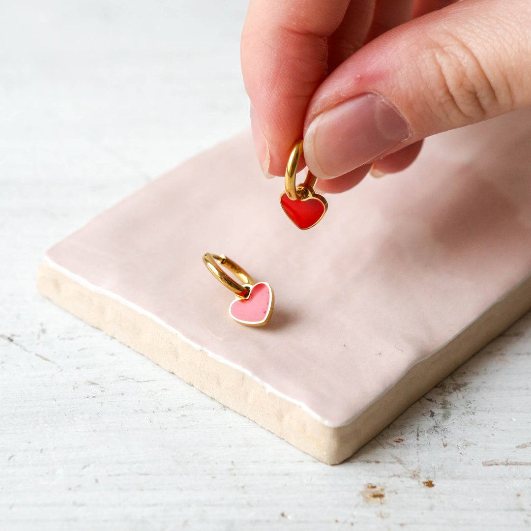 Enamel Charm Hoop Earrings Red Heart