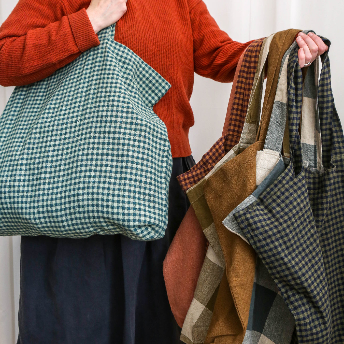 Washed Linen Cotton Sloppy Shoulder Bag - Ink Gingham