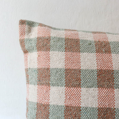 Oblong Cotton Check Cushion Cover - Sage & Terracotta