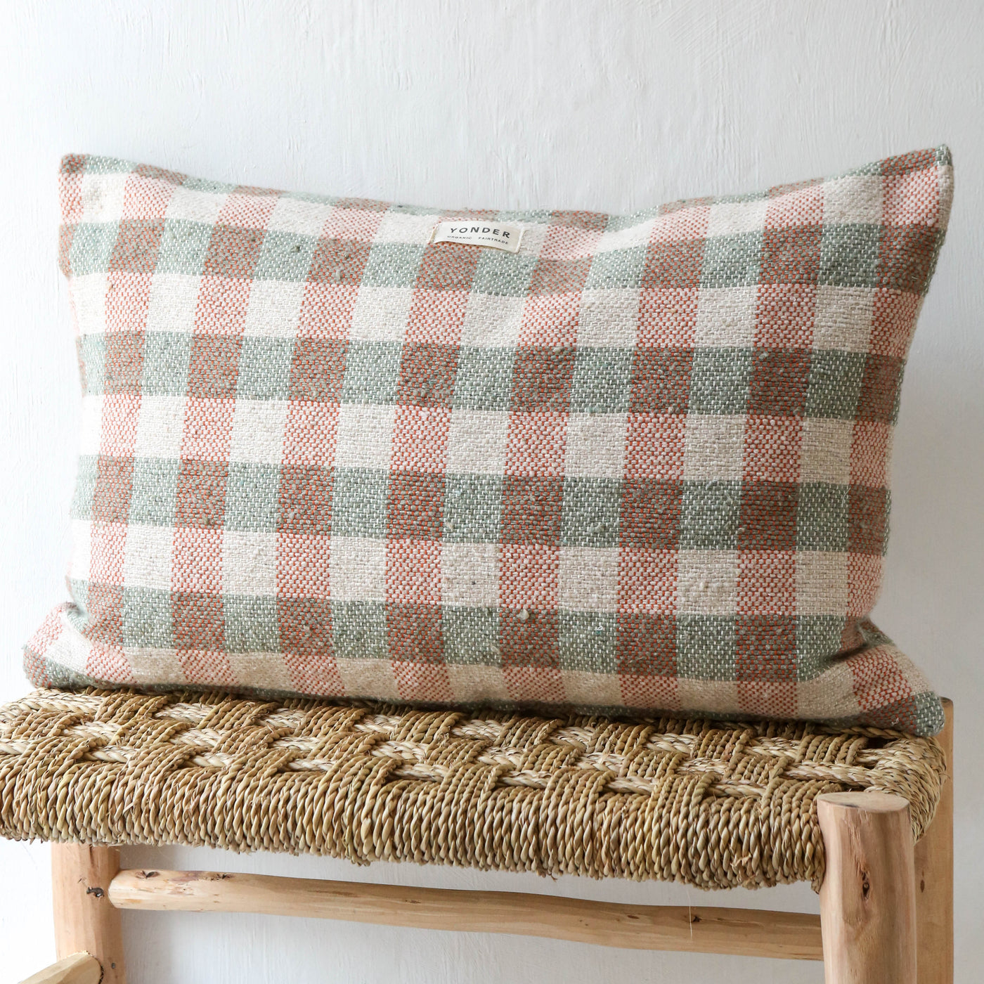 Oblong Cotton Check Cushion Cover - Sage & Terracotta