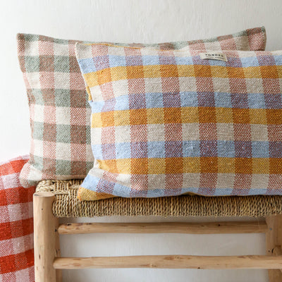 Oblong Cotton Check Cushion Cover - Sage & Terracotta