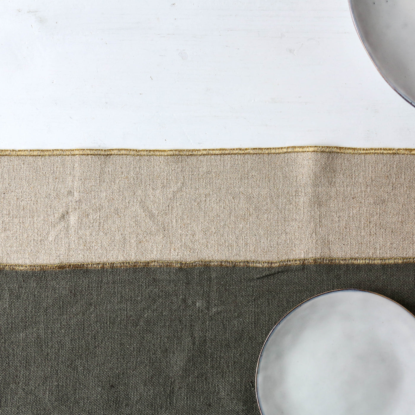 Khaki Green & Gold Linen Cotton Table Runner - 160cm