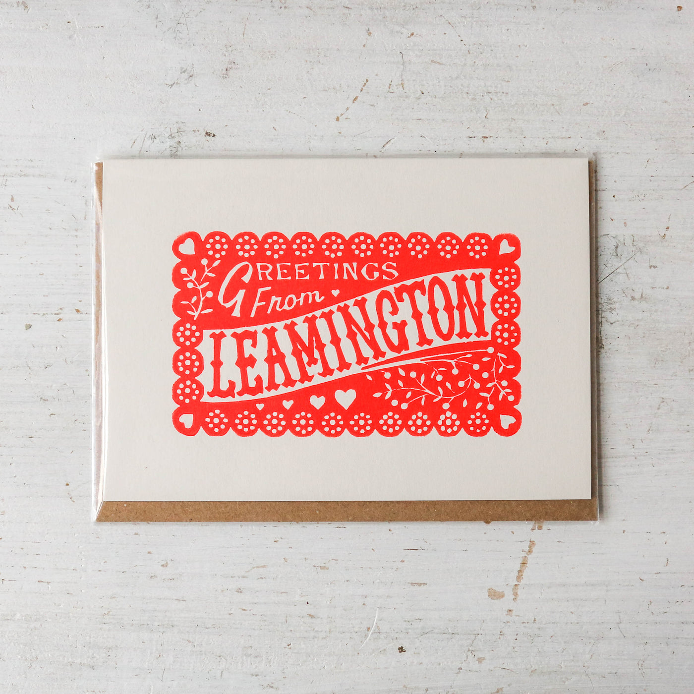 Greetings From Leamington Card - Festive Neon Red