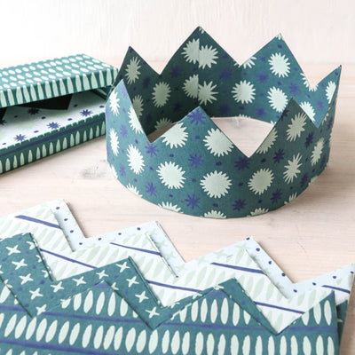 6 Screen Printed Paper Crowns - Blue