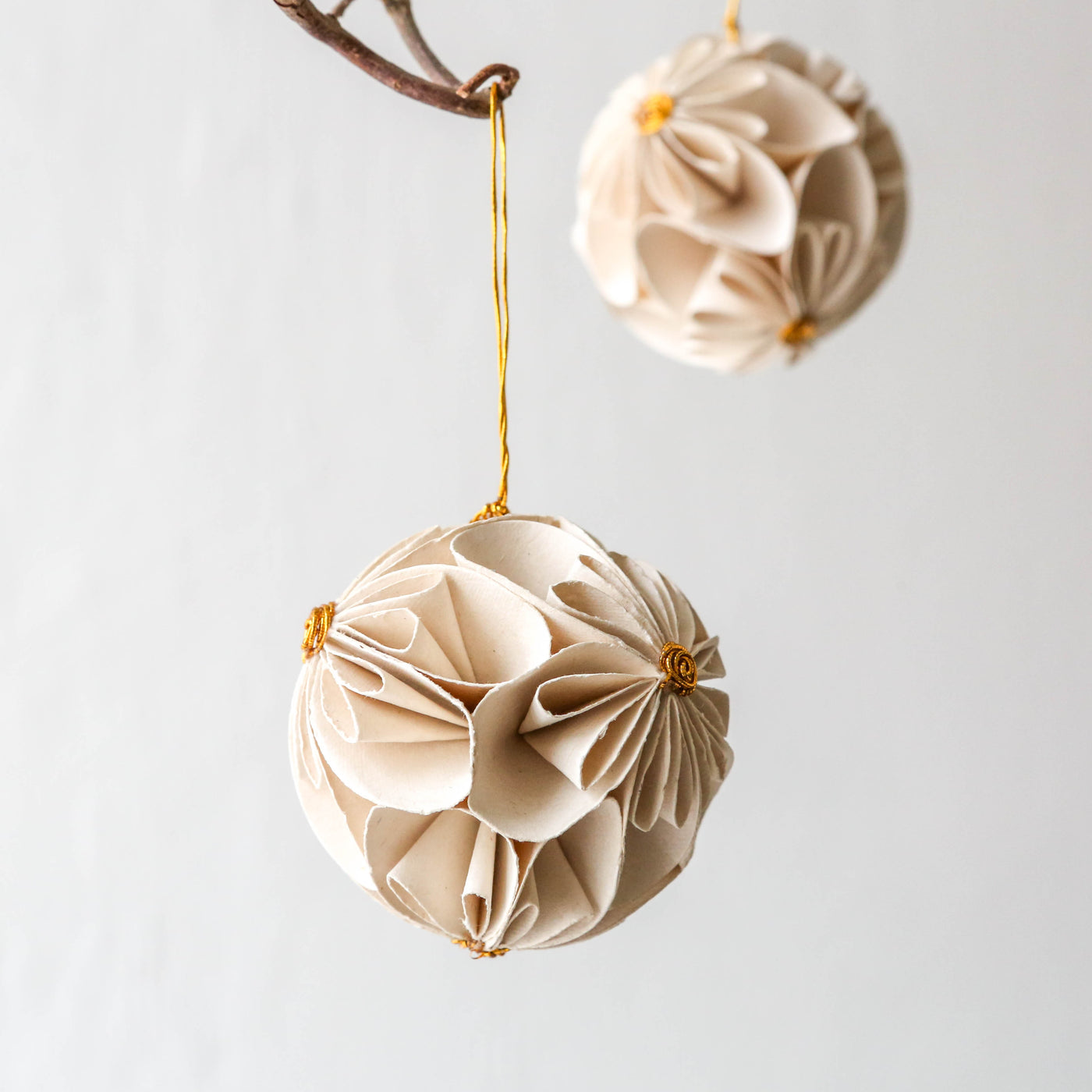 White & Gold Paper Flower Ball Ornaments - Pack of 2