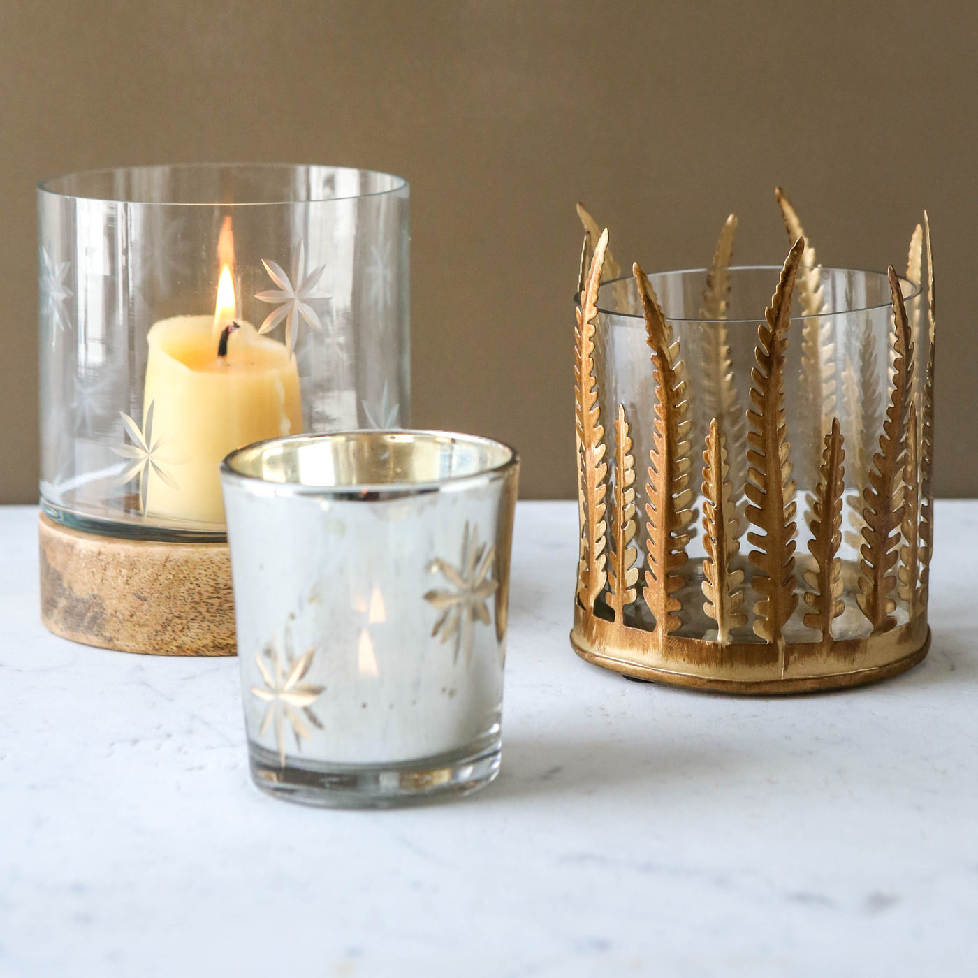 Etched Star Glass Votive - Antique Silver & Gold