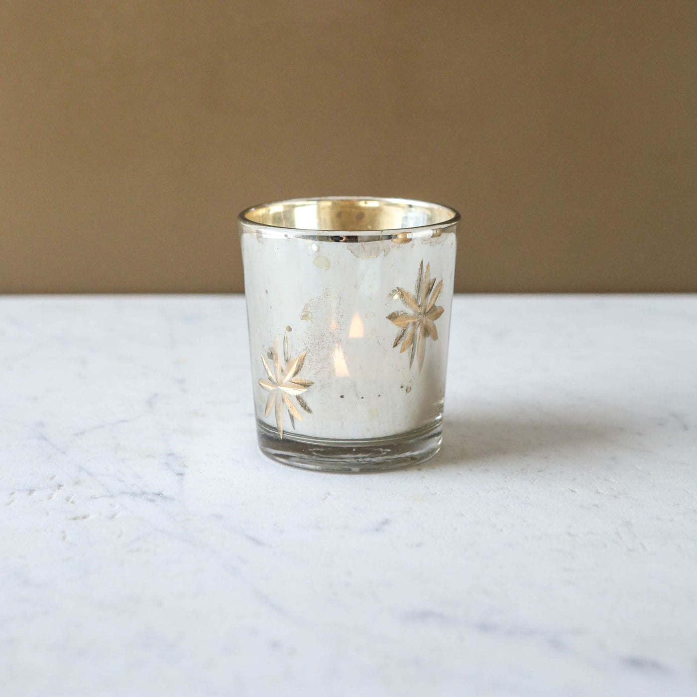 Etched Star Glass Votive - Antique Silver & Gold