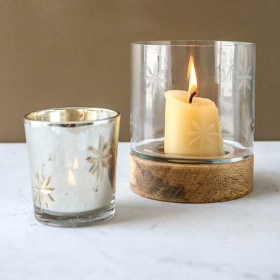 Etched Star Lantern on Wooden Base