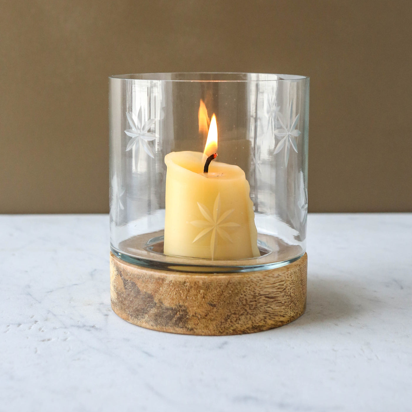 Etched Star Lantern on Wooden Base