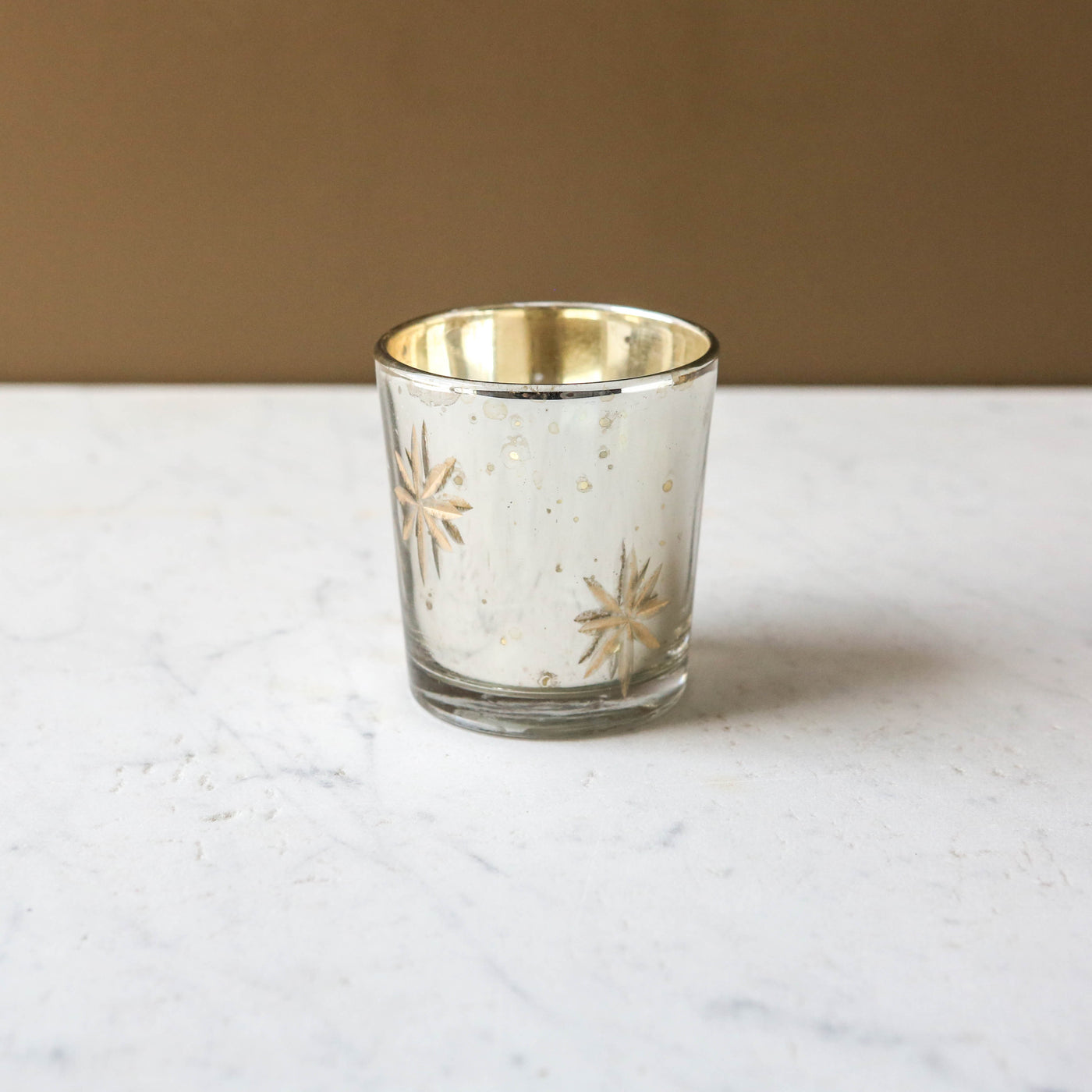 Etched Star Glass Votive - Antique Silver & Gold