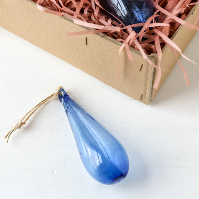 12cm Drop Hand Blown Glass Bauble - Blue