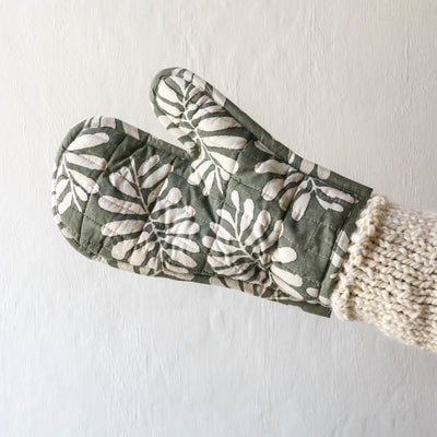 Cotton Oven Glove - Leaf in Green Grey