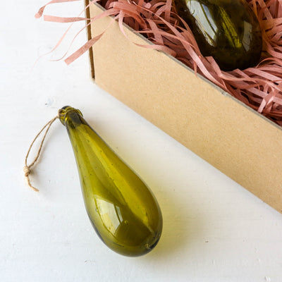 12cm Drop Recycled Blown Glass Bauble - Olive