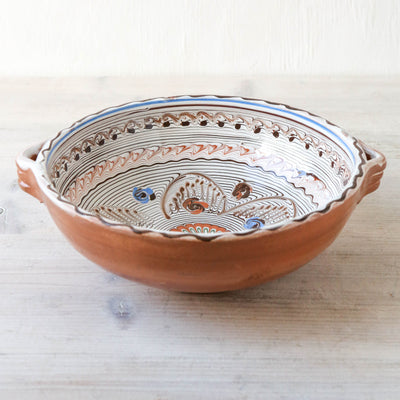 20cm Horezu Stoneware Deep Handled Serving Bowl