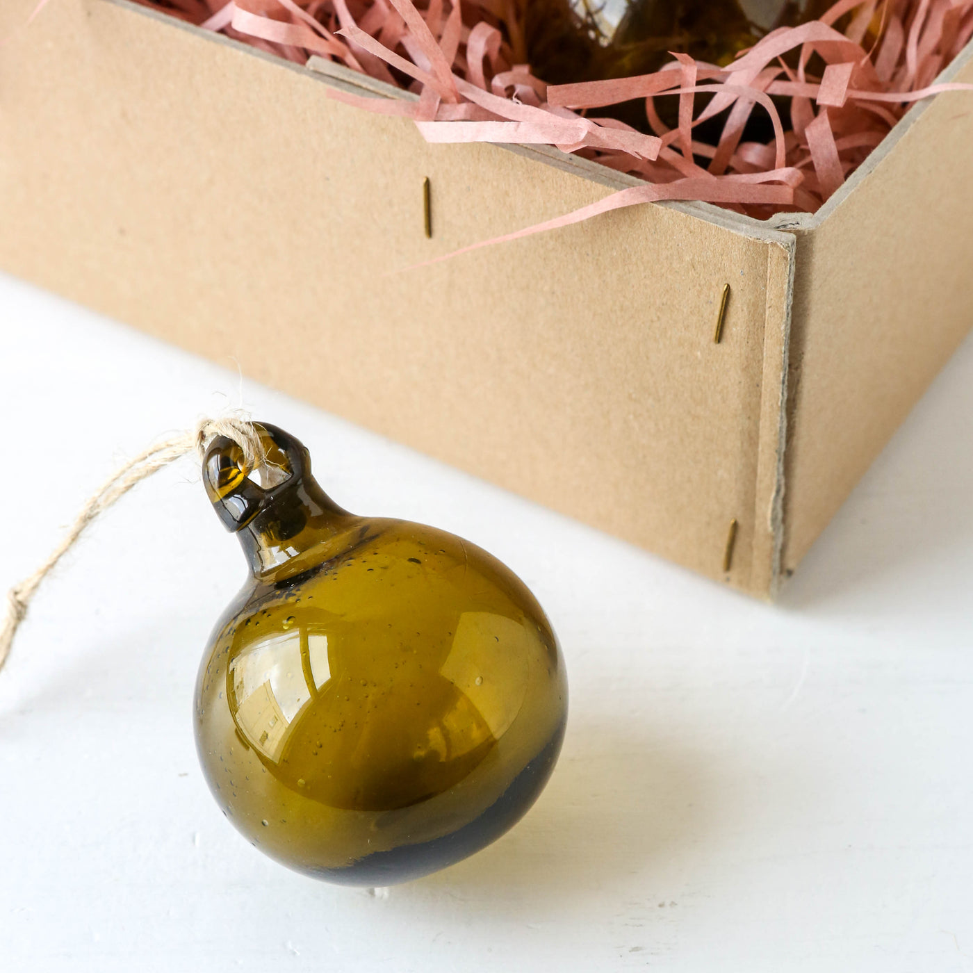 8cm Round Hand Blown Glass Bauble - Olive
