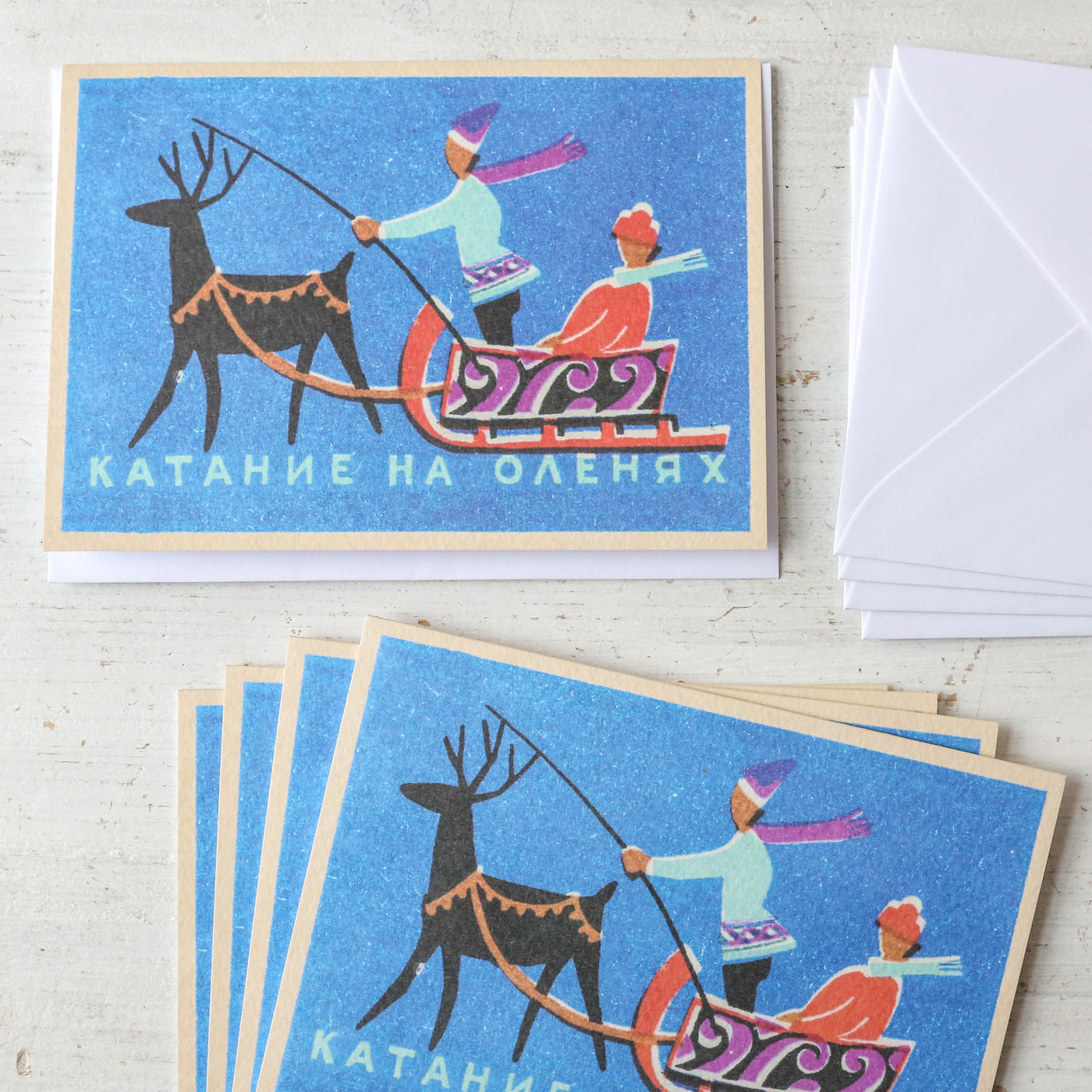 'Reindeer Sleigh' Vintage Matchbox Card Pack of 5