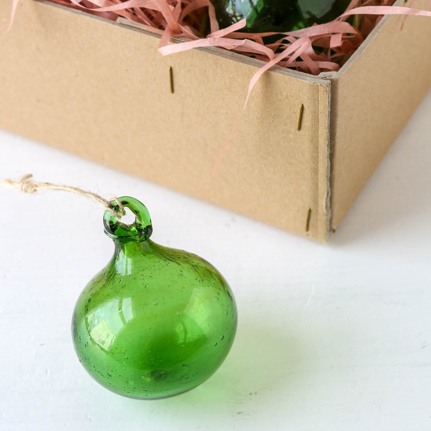 8cm Round Hand Blown Glass Bauble - Green