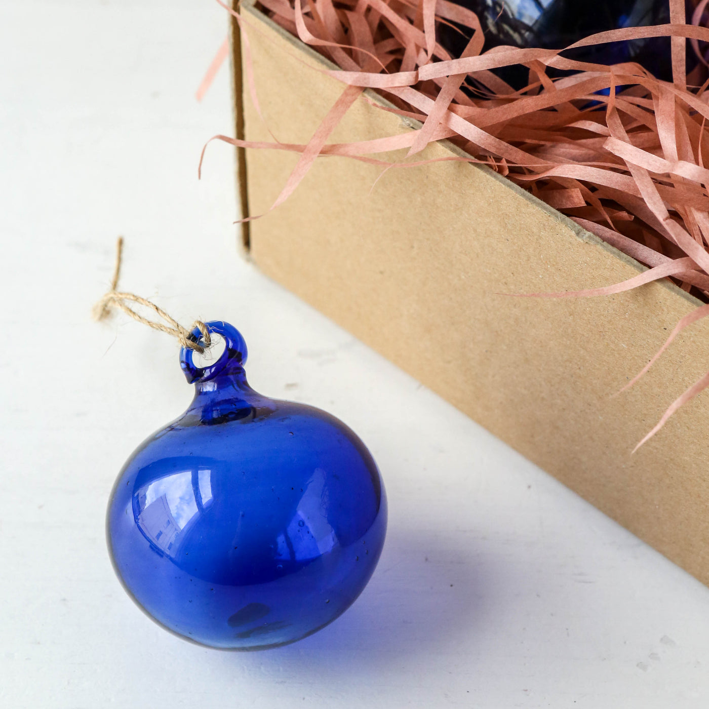 8cm Round Hand Blown Glass Bauble - Blue
