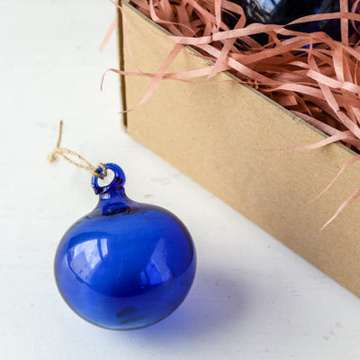 8cm Round Hand Blown Glass Bauble - Blue