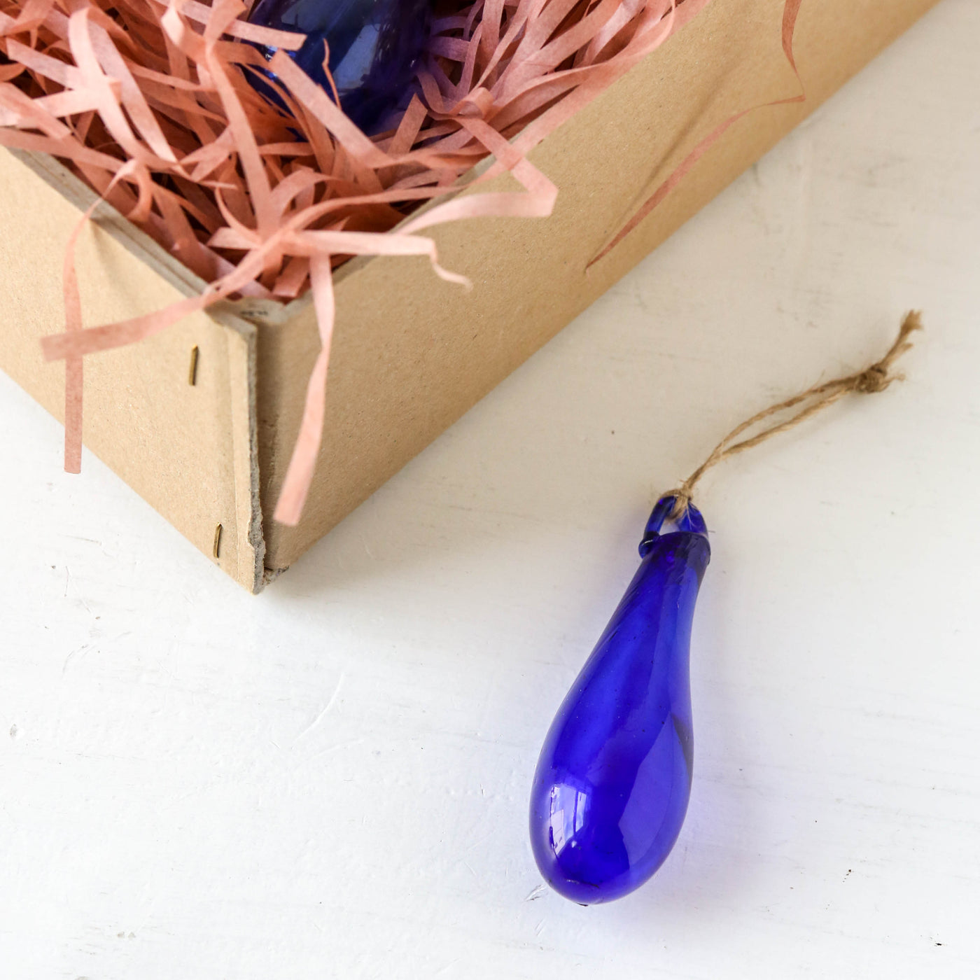 7cm Drop Hand Blown Glass Bauble - Blue