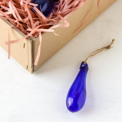 7cm Drop Hand Blown Glass Bauble - Blue